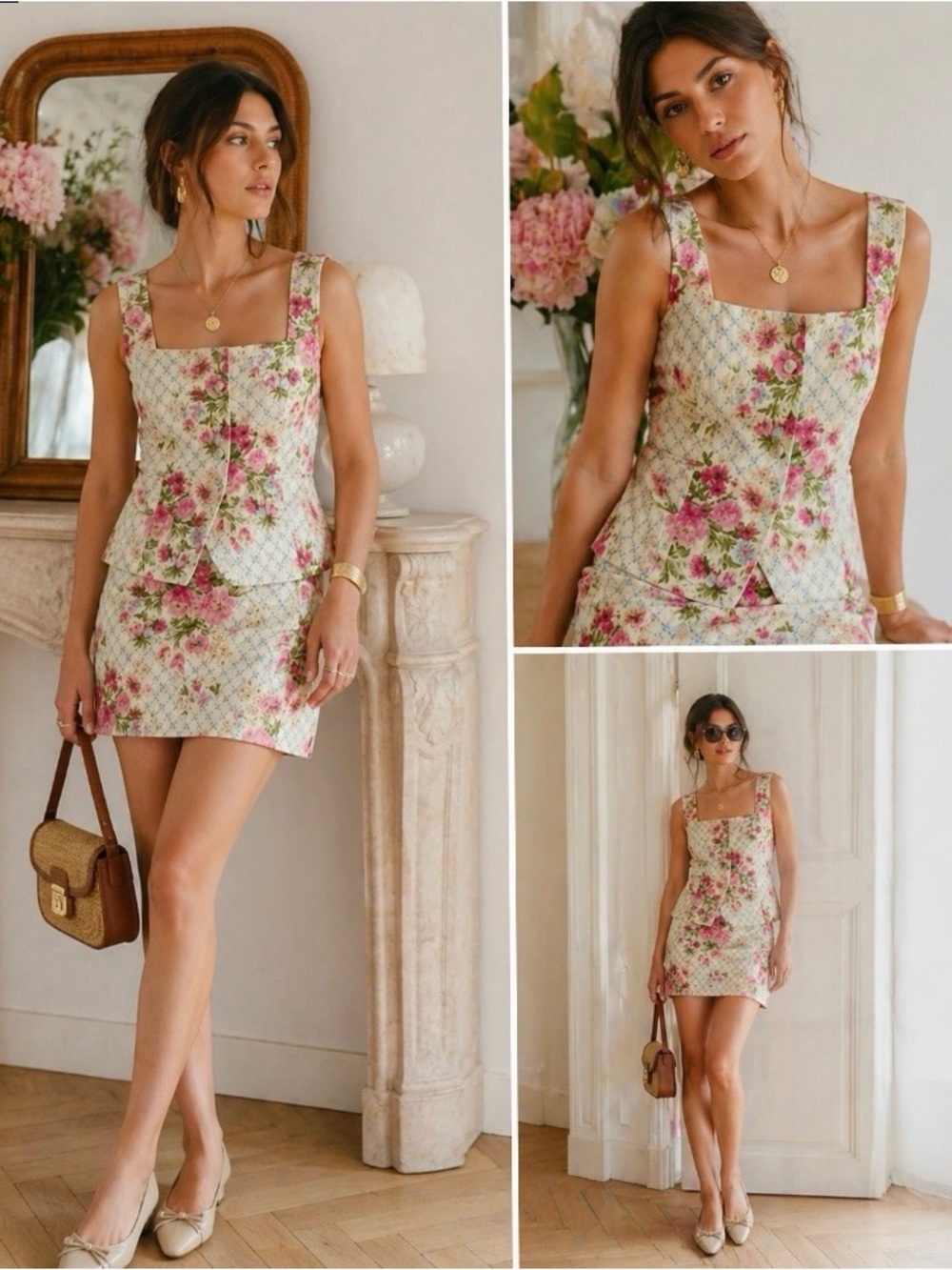Sézane Floral Linen Vest Top & Skirt Set Zelinda Malia Cream Pink Sz 34 36 US 4 - Picture 7 of 13
